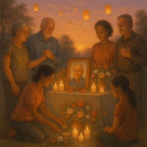 People gathered around a memorial