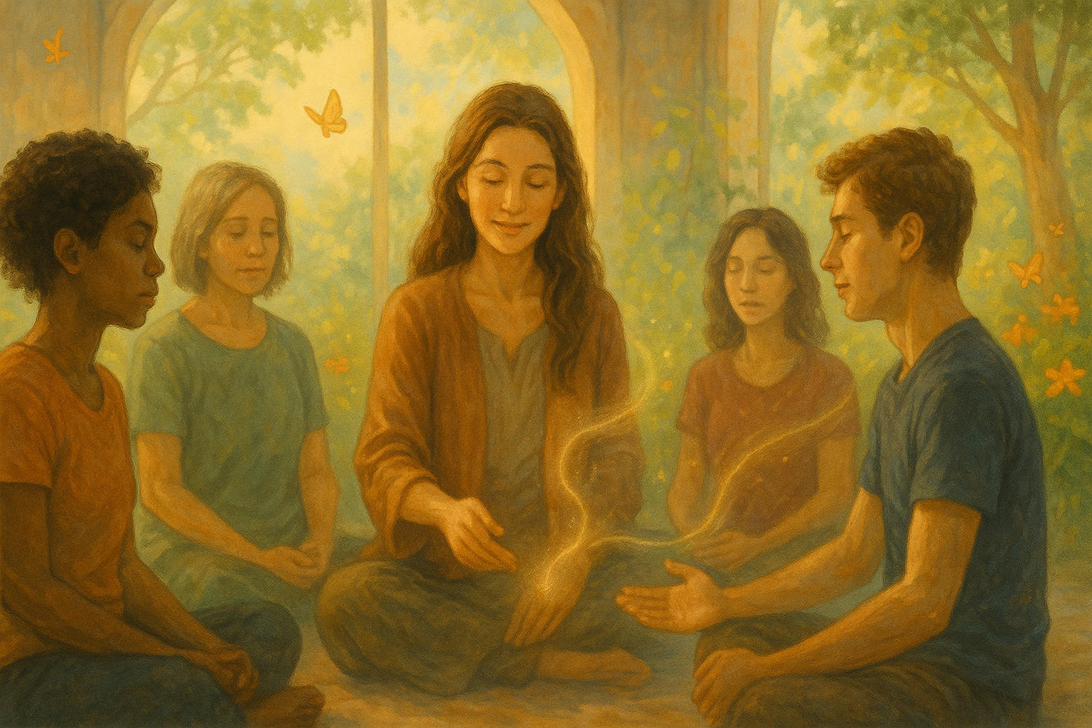 People seated in a circle talking