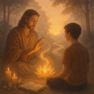 Jesus and a boy sitting in a forest