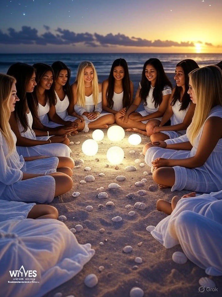Women sitting on the beach enjoying the ocean view.